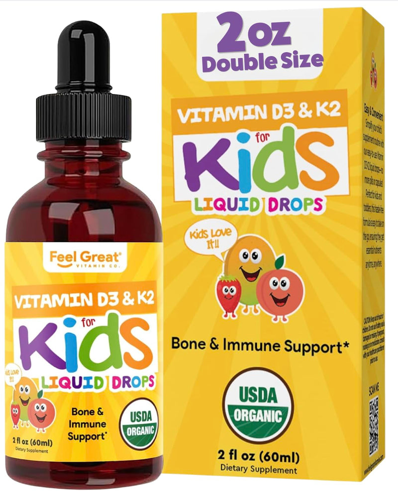 Feel Great Organic Vitamin D3 + K2 Liquid Drops for Kids & Infants, 2oz | USDA Organic Vitamin D3 + K2 Drops for Bone & Immune Support, Calcium Absorption, Tropical Fruit, Vegan, Gluten-Free