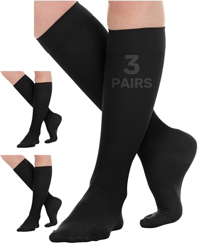(3 Pairs) Sheer Short-Length Compression Socks for Women 15-20mmHg - Women's Graduated Knee High Support Stockings for Circulation - A403 Large Black