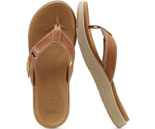 COFACE Flip Flops for Women with Arch Support Beach Thong Sandals for Woman Adjustable Fashion Orthopedic Sandal Outdoor 7.5 Khaki