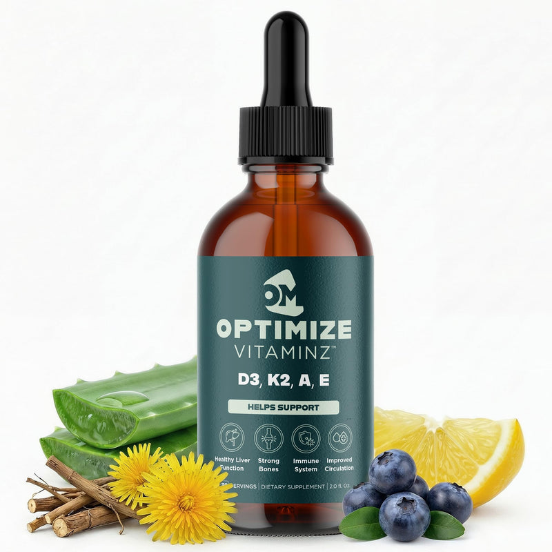 Optimize Vitaminz Liquid Vitamin D3 K2 Drops with Dandelion Root & Bilberry | Immune, Liver & Bone Support, MK-7 Formula, Fast Absorption Liquid Multivitamin, 30 Day Supply, 2 Fl Oz