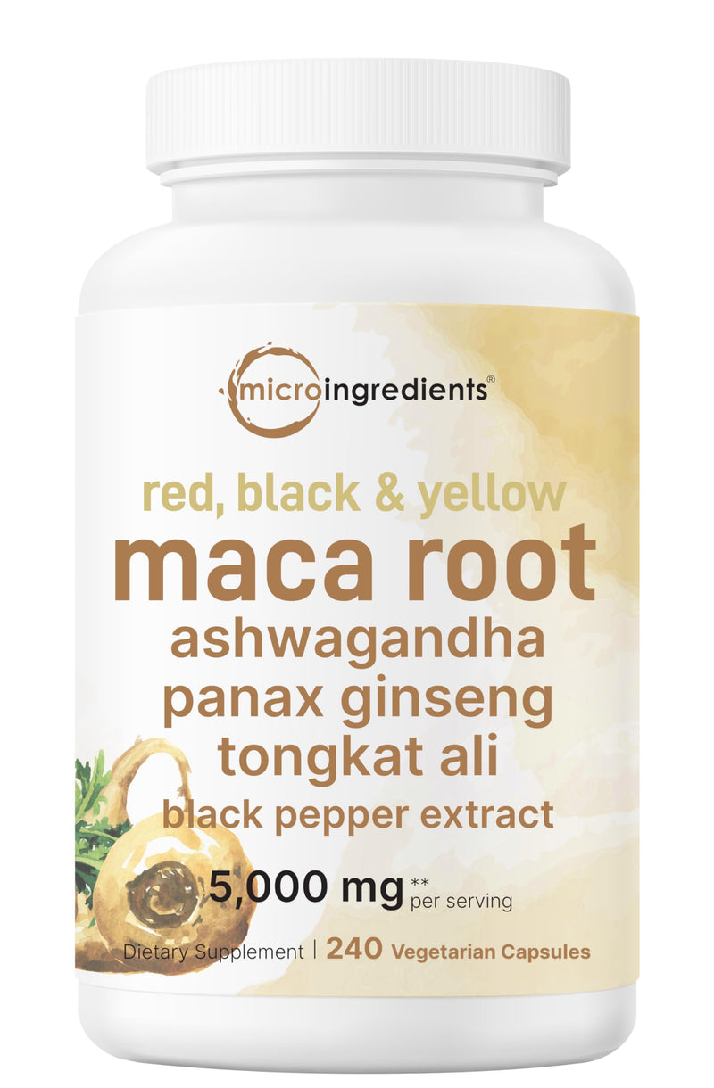 Maca Root Capsules for Women & Men 5,000mg | 240 Veggie Capsules with Ashwagandha, Red, Black, Yellow Maca Root, Panax Ginseng, Tongkat Ali & Black Pepper | Support Energy, Mood & Hormone Balance