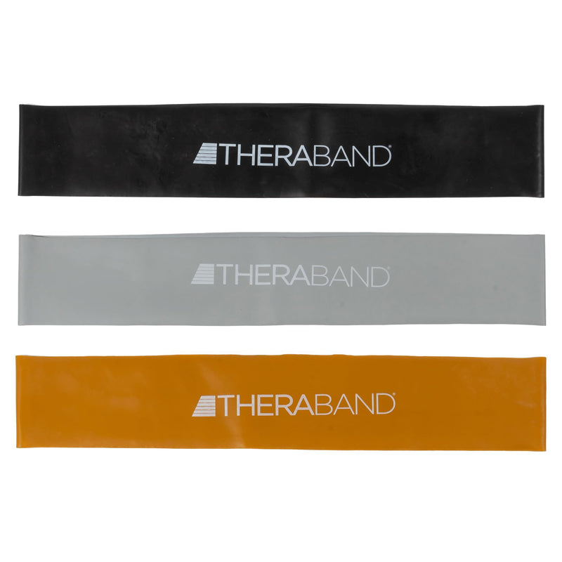 THERABAND Professional Resistance Band Loops Durable Resistance for Strength and Flexibility Exercises, Pilates, Yoga, Stretching, and Physical Therapy, 18" Continuous Loops (Black, Silver, Gold) Set of 3 – Advanced Levels 18"