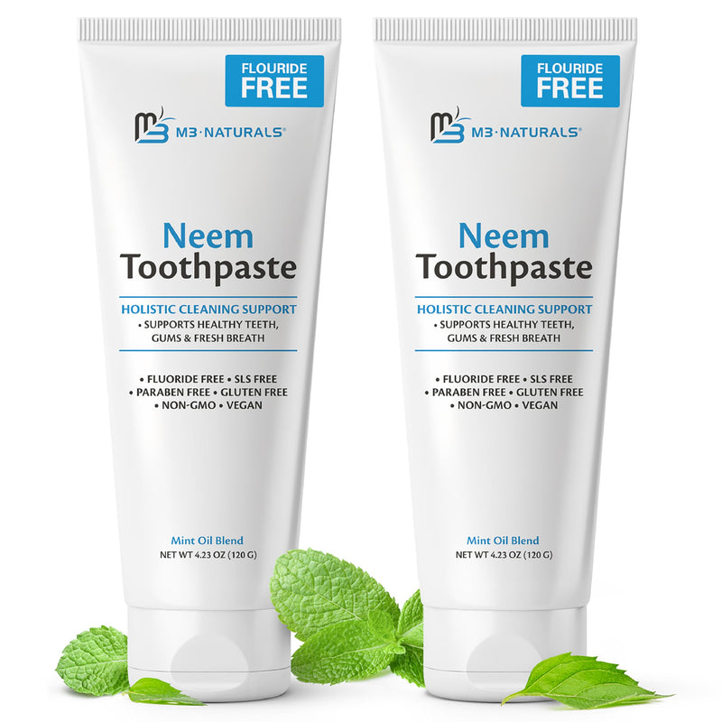 Fluoride-Free Neem Toothpaste with Mint for Adults & Kids with Sensitivity | Vegan, Gluten & SLS Free Herbal Formula for Sensitive Teeth, Healthy Gums and Fresh Breath, 4.23 oz (120 g) Pack of 2 by M3 Neem 2 Pack 4.23 Ounce (Pack of 2)