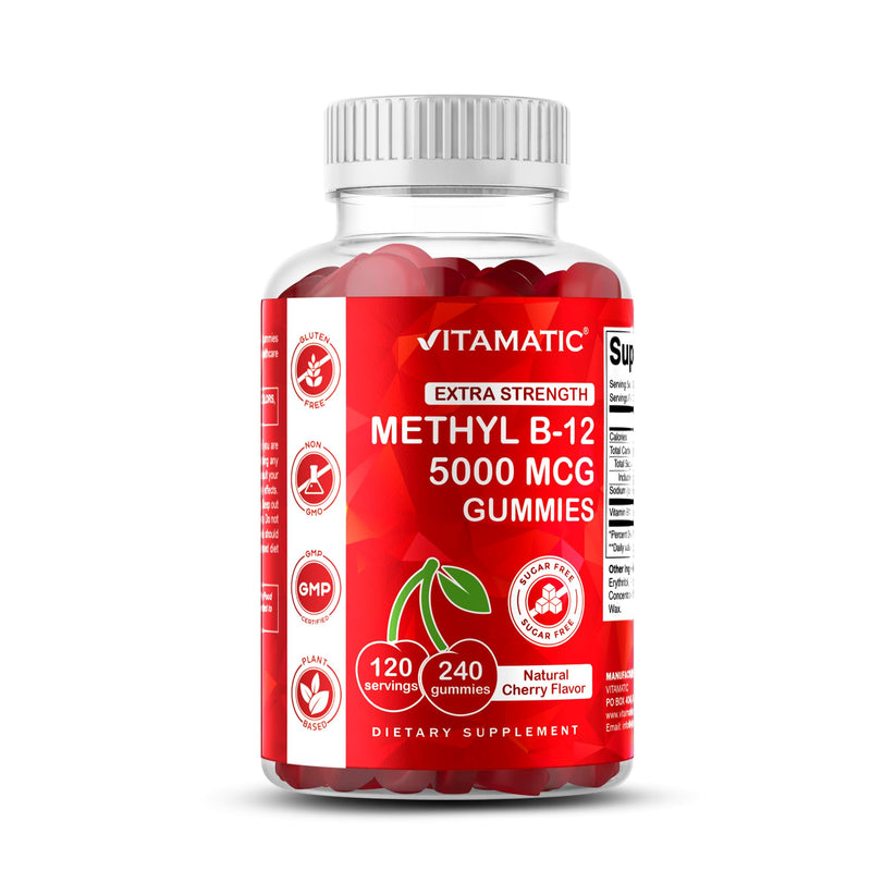 Vitamatic Extra Strength Vitamin B12 5000 mcg (Methyl B12) Gummies - 240 Count, Natural Cherry Flavored