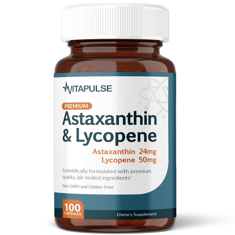 Astaxanthin 24mg with Lycopene 50mg Supplement, 100 Vegetarian Capsules, Non-GMO, Gluten Free - BeesActive Australia