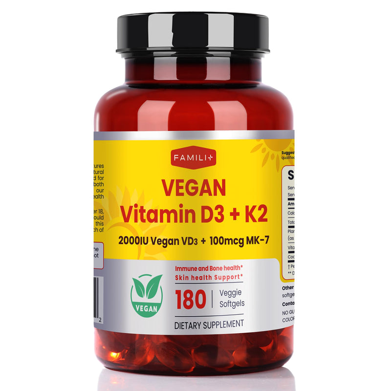 FAMILI+ Vegan Vitamin D3 K2 2000IU with Coconut MCT Oil, 180 Softgels | 180 days, 2000IU Plant source Vitamin D3 + 100 mcg Vitamin K2 MK-7, For Bone, Muscle, Immune, Teeth & Heart Health