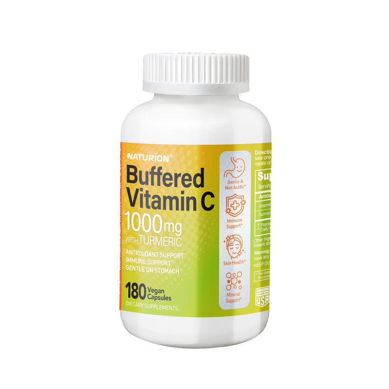 Buffered Vitamin C 1000 mg with Organic Turmeric - Antioxidant & Immune Support - Healthy Skin & Joints - Gluten & Dairy Free - 180 Vegan Capsules, 180 Day Supply 180 Count (Pack of 1)