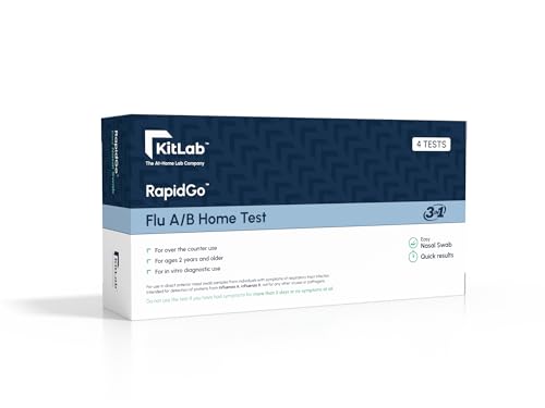 Kitlab™ RapidGo™ Flu A/B & COVID 19 Home Test, Results in 15 Minutes, OTC Covid 19 & Flu Home Test, with Non-invasive Nasal Swab, Easy to Use & No Discomfort (4Tests)