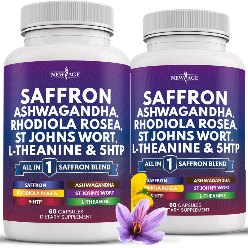 NEW AGE Saffron Supplements with Ashwagandha - Support with L-Theanine, Ginkgo Biloba, St. John's Wort, Rhodiola Rosea & 5-HTP - Saffron 120 Count 120 Capsules (Pack of 2) - BeesActive Australia