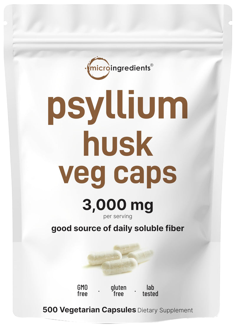 Micro Ingredients Psyllium Husk Capsules, 500 Veg Caps | Soluble Fiber Supplement for Women & Men | Natural Prebiotics & Probiotics Fiber Supplements for Gut & Digestive Health | Non-GMO, Gluten Free