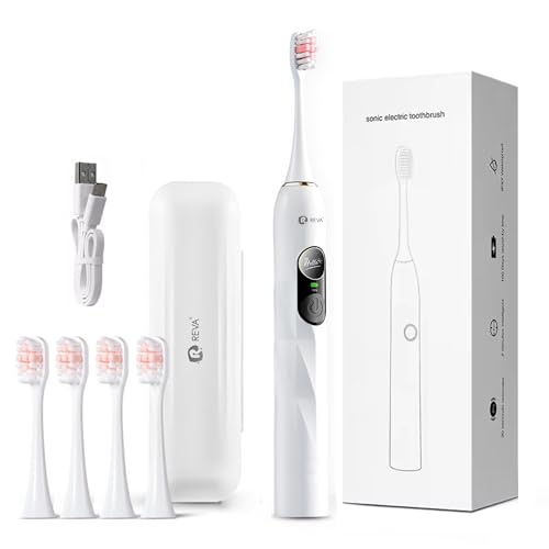 Reva V3 Sonic Electric Toothbrush for Adults, Dual Display, 5 Modes, 200-Day Battery, 4 Brush Heads, IPX7 Waterproof (White) White