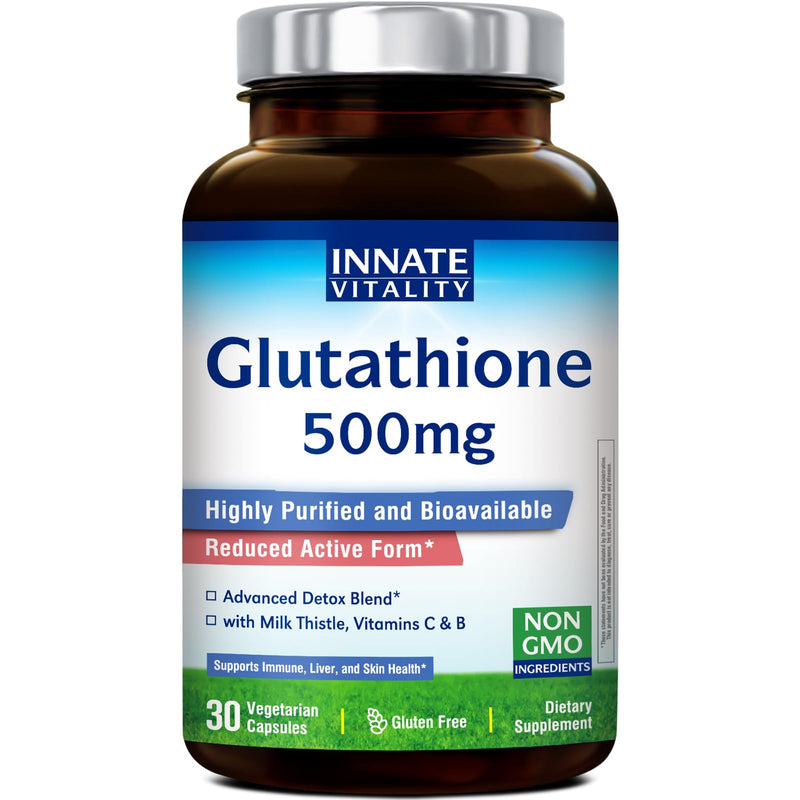 Innate Vitality Glutathione Supplement 500mg, Bioavailable Reduced Glutathione, with Milk Thistle, Vitamin C, B Complex, Immunity Defense, Liver, Antioxidant Support, 30 Capsules 30 Count (Pack of 1)