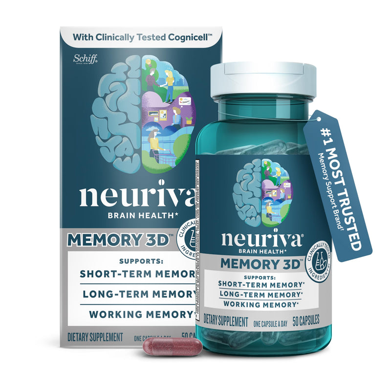 NEURIVA Memory 3D Brain Supplement - Decaffeinated Nootropic Capsules for Memory, Focus, & Cognitive Function - Short Term, Long Term, & Working Memory Support - 50ct 50 Count (Pack of 1)