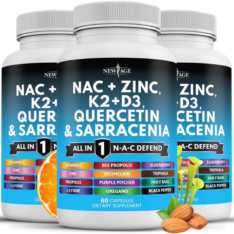NEW AGE NAC Supplement N-Acetyl Cysteine- with Vitamin D3, K2, Zinc, Quercetin, Triphala, Sarracenia Purpurea, Elderberry, Holy Basil, Bee Propolis, Bromelain, L-Lysine - 180 Count 60 Count (Pack of 3)