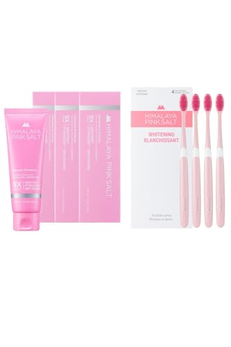 HIMALAYA PINKSALT Intensive Whitening Toothpaste 4.2oz 3Pack + HIMALAYA PINKSALT Natural Toothbrush 4Counts, Teeth Whitening Toothpaste, Medium Toothbrushes