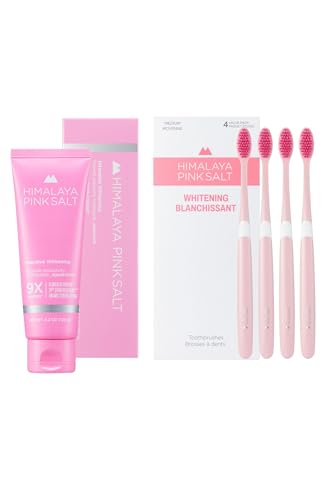HIMALAYA PINKSALT Intensive Whitening Toothpaste 4.2oz + HIMALAYA PINKSALT Natural Toothbrush 4Counts, Teeth Whitening Toothpaste, Medium Toothbrushes