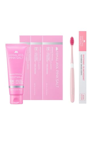 HIMALAYA PINKSALT Intensive Whitening Toothpaste 4.2oz 3Pack + HIMALAYA PINKSALT Natural Toothbrush, Teeth Whitening Toothpaste, Medium Toothbrushes