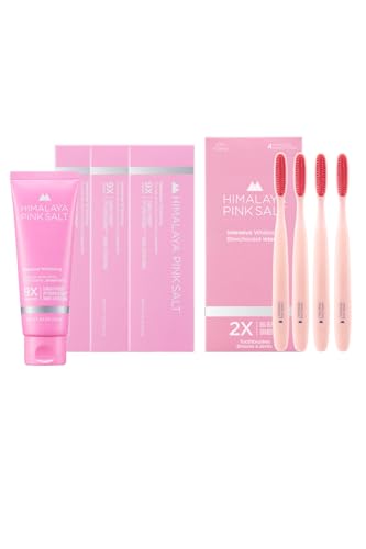 HIMALAYA PINKSALT Intensive Whitening Toothpaste 4.2oz 3Pack + HIMALAYA PINKSALT Intensive Clean Toothbrush 4Counts, Teeth Whitening Toothpaste, Extra-Large Toothbrush