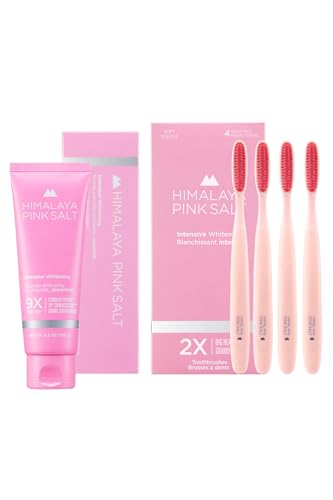 HIMALAYA PINKSALT Intensive Whitening Toothpaste 4.2oz + HIMALAYA PINKSALT Intensive Clean Toothbrush 4Counts, Teeth Whitening Toothpaste, Extra-Large Toothbrush