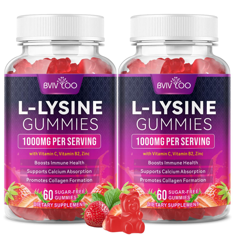 2 Pack L-Lysine 1000mg Gummies for Immune Support & Skin Health - High Potency Vegan Gummies, Sugar-Free, Natural Berry Flavor, Gluten-Free Chewable Supplement for Adults & Kids - 120 Gummiess 2pack