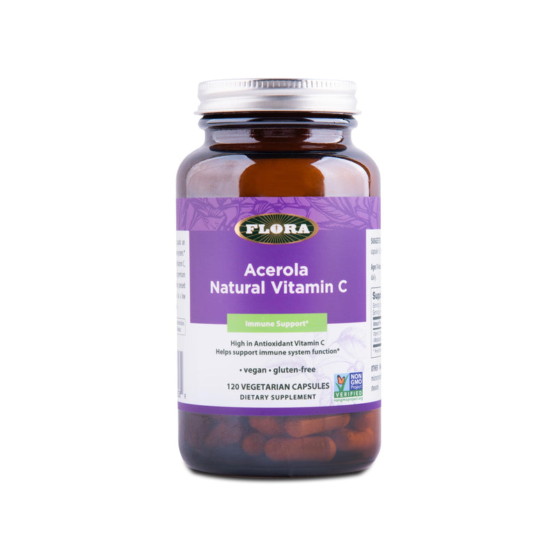 FloraHealth Acerola Natural Vitamin C, Immune Support, 120 Veg Caps | Daily Immune Booster, Gluten Free & Vegan Antioxidant Powder, Glass Bottle