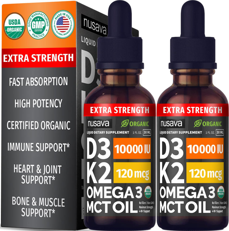 NUSAVA Extra Strength Vitamin D3 K2 Drops 10000 IU, Pack of 2 | Bone, Heart and Immune Support, Extra Strength Vitamin D3 and K2 10000 IU, Non-GMO, Liquid Drops for Women and Men Unflavored (Extra Strength) 1 Fl Oz (Pack of 2)