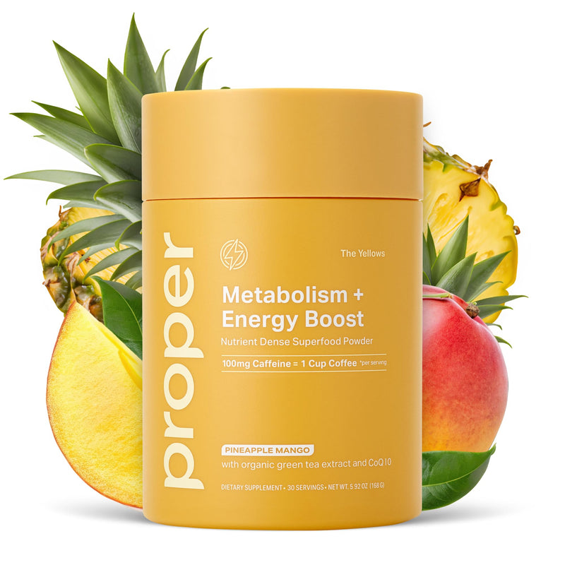 Proper, The Yellows Metabolism and Energy Boost, Sugar Free Energy Drink Powder with 100mg Caffeine. 30 Servings, Pineapple Mango Drink Mix for Men and Women - BeesActive Australia