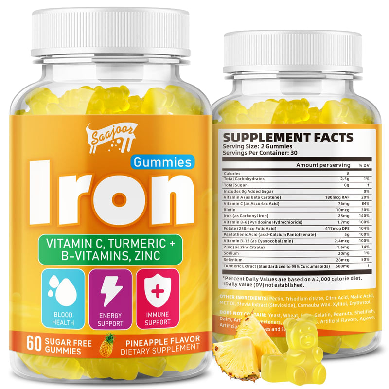 Iron Gummies with Multivitamin for Adults & Kids – Packed with Vitamin B6, B12, C, Zinc, and Folate – for Blood Health & Energy Boost – Pineapple Flavor, Vegan-Friendly, 60 Gummies 1pack