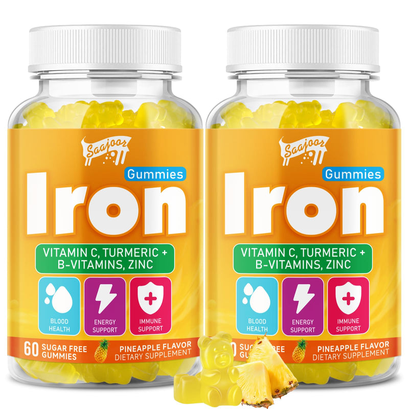 2 Pack Iron Gummies with Multivitamin for Adults & Kids – Packed with Vitamin B6, B12, C, Zinc, and Folate – for Blood Health & Energy Boost – Pineapple Flavor, Vegan-Friendly, 120 Gummies 2pack