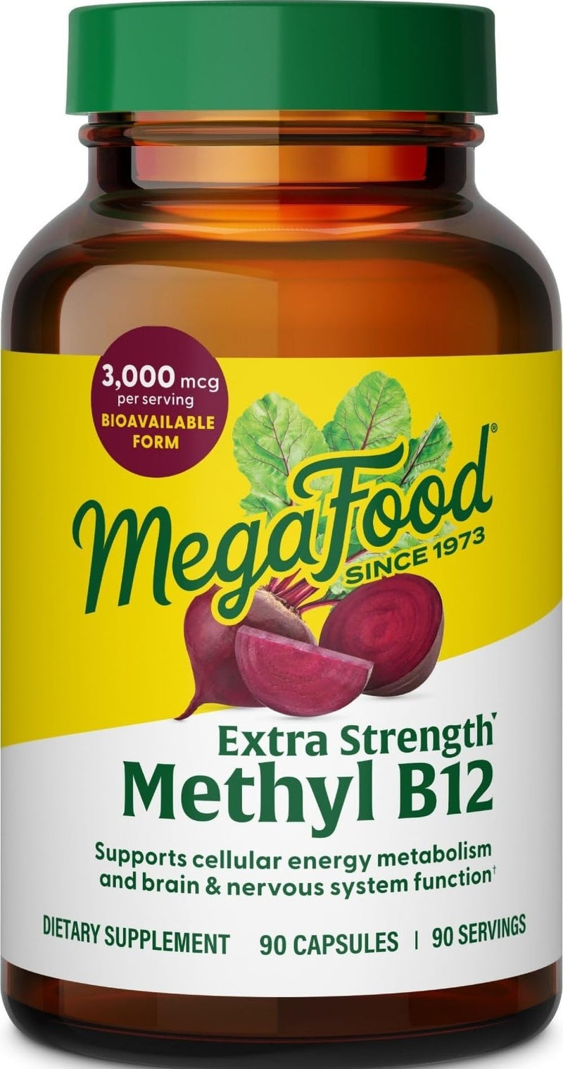 MegaFood Extra Strength Methyl B12 Vitamin, Cellular Energy, 90 Capsules | Bioavailable Vitamin B12, 3000 mcg, Supports Energy Metabolism and Nervous System Health, Beet Root, Vegan, 90 Servings