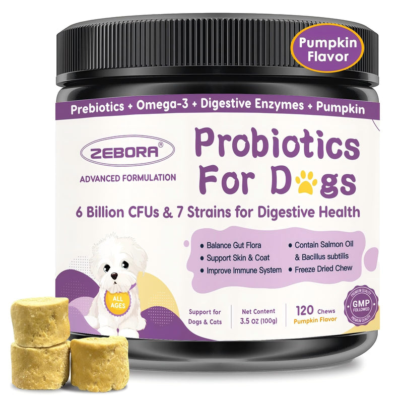 ZEBORA Probiotics for Dogs, Dog Probiotics for Digestive Health, with Pumpkin, Digestive Enzymes, Omega-3, Support Gut, Immune Health, Upset Stomach Relief, Occasional Diarrhea, 120 Freeze Dried Chews