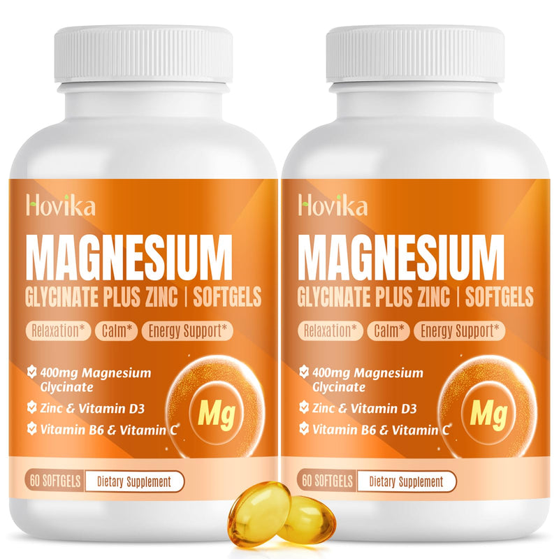 Magnesium Glycinate Supplement Softgels, Magnesium Glycinate 400mg with Zinc, Vitamin B6, C, D3, Pure Magnesium for Sleep, Calm, Muscle & Bone, Energy, Nervous Support - 120 Vegan Softgels 60 Count (Pack of 2)