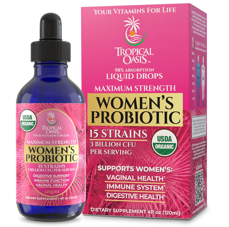 USDA Organic Liquid Probiotic for Women | PH Balance, UT, & Feminine Health | Digestive Support, Immune & Gut Health | 15 Clinically Studied Strains | 98% Absorption | Vegan, Non-GMO | 40 Servings 4 Fl Oz (Pack of 1)