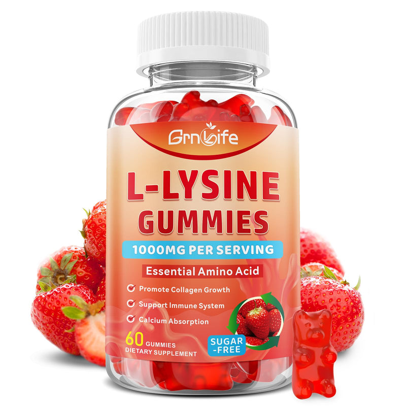 L-Lysine 1000mg Gummies, Chewable Lysine Supplement for Adults & Kids, Essential Amino Acid Supplement for Immune Support, Collagen Formation Support, Strawberry, 60 Count 60 Count (Pack of 1)