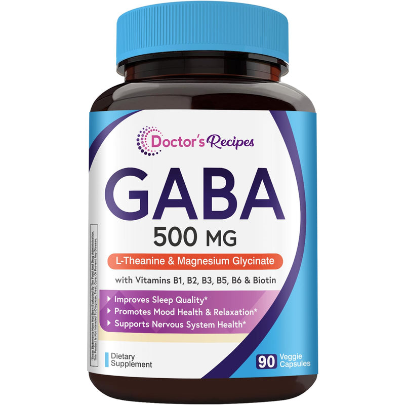 Doctor's Recipes GABA Magnesium Glycinate L-Theanine Supplement, GABA (Gamma-Aminobutyric Acid) 500mg, Vitamin B6, B1, B2, B3, B5, Biotin, Calm, Sleep, Relaxation, Mood Support, 90 Veggie Capsules