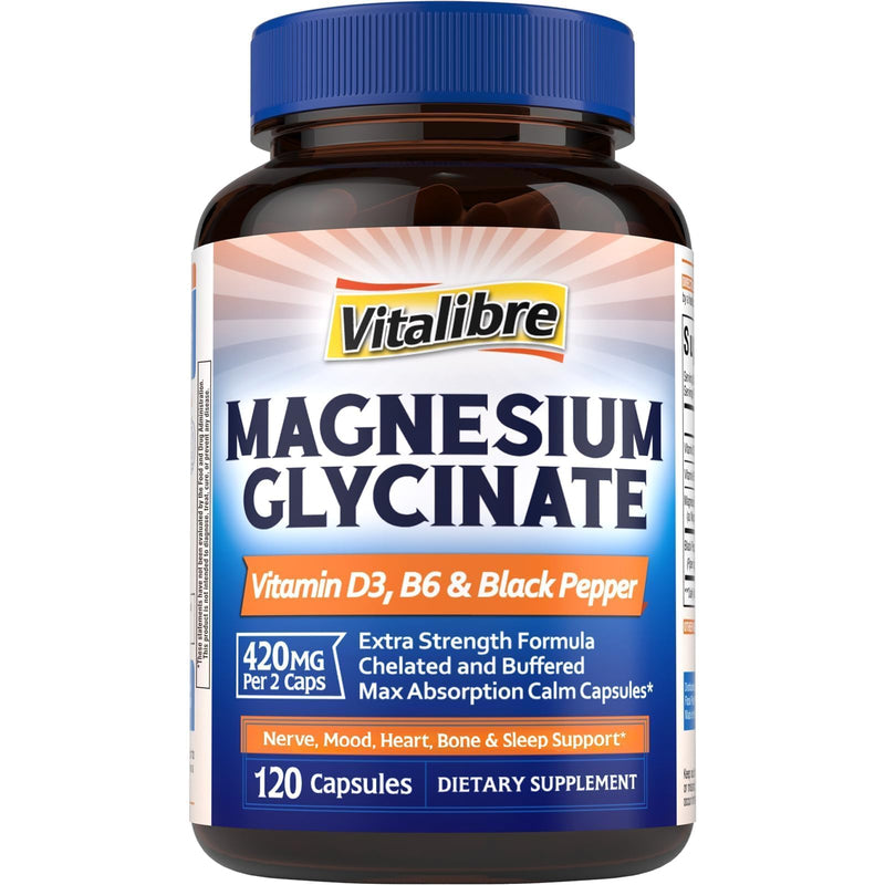 Vitalibre Magnesium Glycinate 420mg with Vitamin D3 B6, 120 Vegan Capsules | Chelated & Buffered Magnesium Supplement | High Absorption for Nerve, Bone, Heart, Mood, Sleep Support, Non-GMO 120 Count (Pack of 1)
