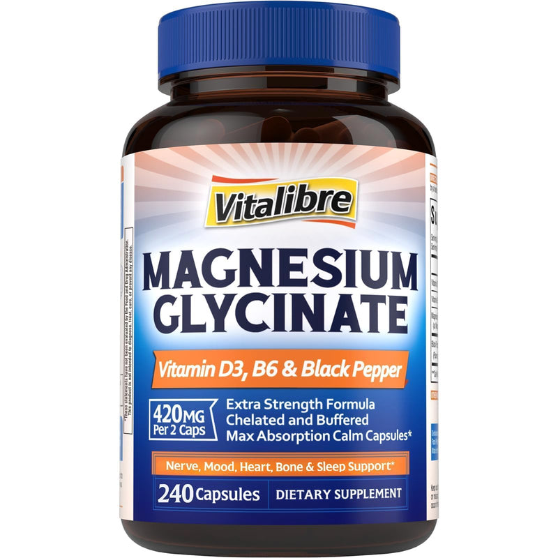 Vitalibre Magnesium Glycinate 420mg with Vitamin D3 B6, 240 Vegan Capsules | Chelated & Buffered Magnesium Supplement | High Absorption for Nerve, Bone, Heart, Mood, Sleep Support, Non-GMO 240 Count (Pack of 1)