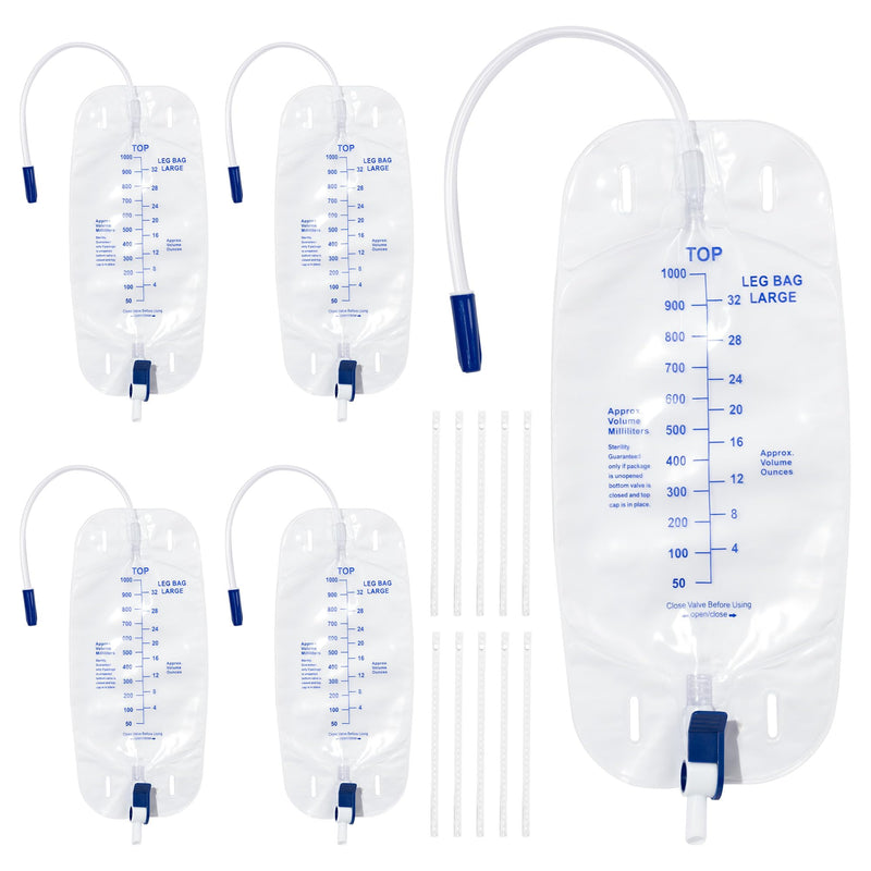 Urinary Drainage Bag 1000ml Catheter Leg Bag, 5 Pack Catheter Leg Bags for Men, Catheter Bags with Anti-Reflux Valve, Adjustable Cloth Straps, Easy Drainage Flip Design 5-pack 1000 mL