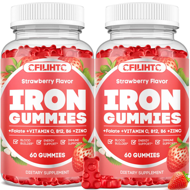 2 Pack Iron Gummies for Women & Men - Iron Supplement with Vitamin B6, B12, C, Zinc, Folate for Adults & Kids - Support Iron Deficiency, Anemia, Energy Boost, Blood Builder - Sugar Free Strawberry 60 Count (Pack of 2)