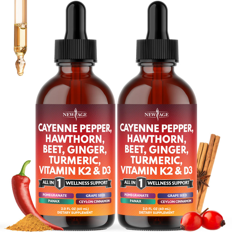Cayenne Pepper Supplement Liquid Drops + Hawthorn Berry, Vitamin D3 K2 Beet Root Powder, Ceylon Cinnamon, Turmeric Curcumin, Organic Panax Ginseng - 4oz 2 Fl Oz (Pack of 2)
