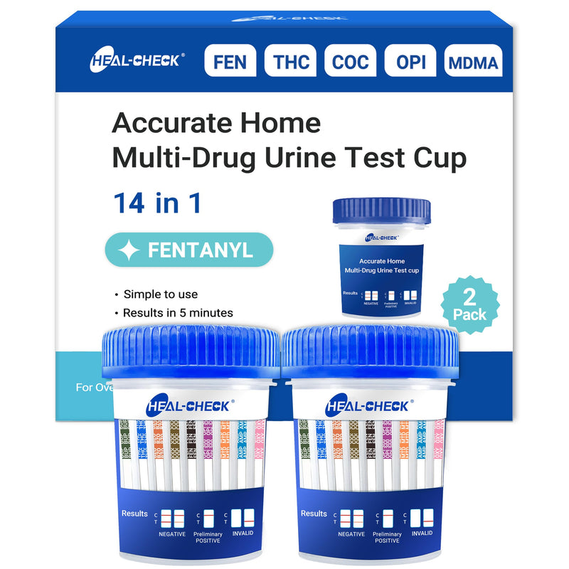 [2 Pack] 14 Panel Multi Drug Test Kit with Fentanyl (FEN), HEAL-CHECK Professional Drug Urine Test Cup for Workplace, Rehab & Home Use –THC, AMP, BUP, BAR, BZO, COC, MET, MDMA, OPI, MTD, OXY, PCP, PPX 2 PACK