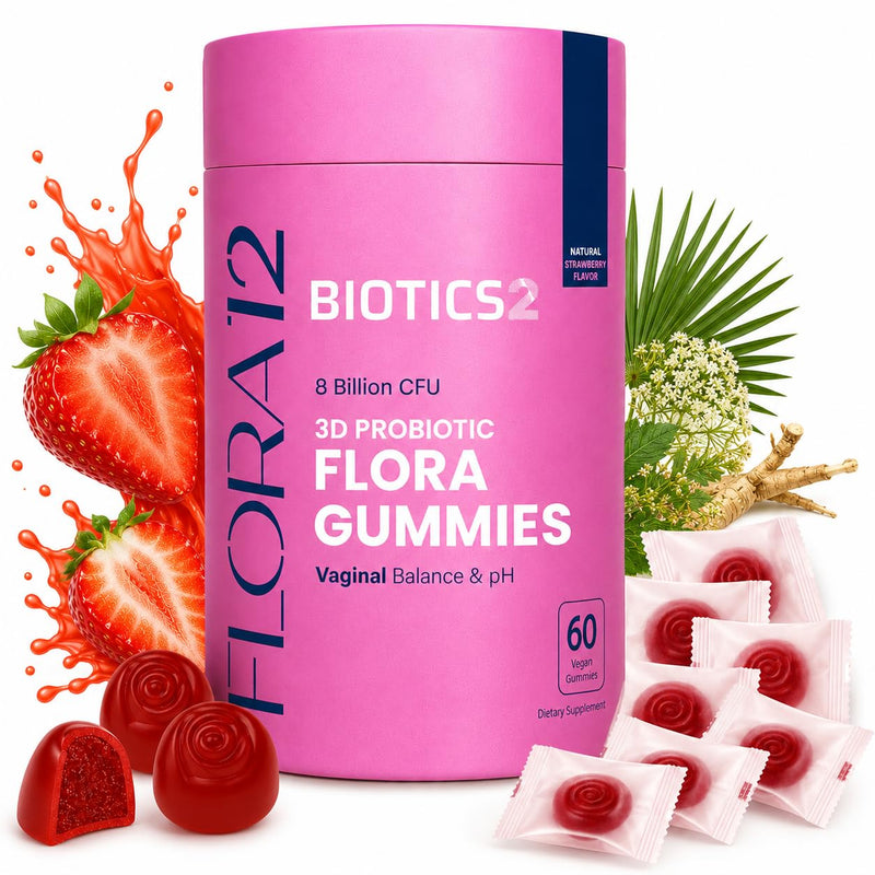 Flora Vaginal Probiotics for Women pH Balance Gummies with Prebiotics 8x Billion Probiotics 5x Extracts Saw Palmetto, Dong Quai, Motherwort, Wild Kelp & Yam | Vegan Sugar-Free Gluten-Free, 60 Ct 60 Count (Pack of 1)