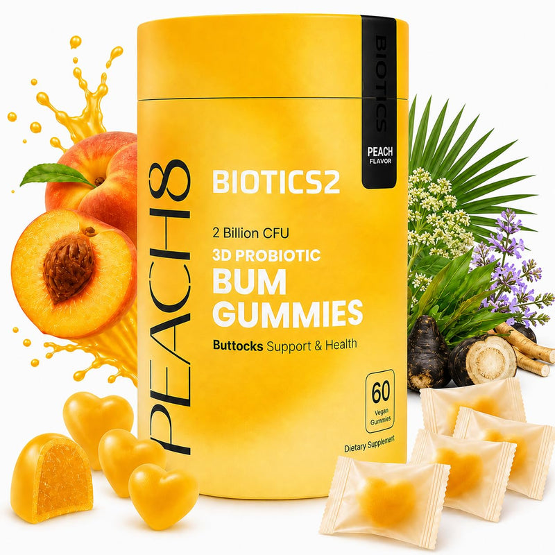 Peach8 BBL Booty Gummies for Womens Hip Butt & Curves 2x Billion Probiotics | Sugar-free vegan formula with black maca, motherwort, saw palmetto & sea kelp 4x herbal supplements, 8x Vitamins gummies 60ct 60 Count (Pack of 1)