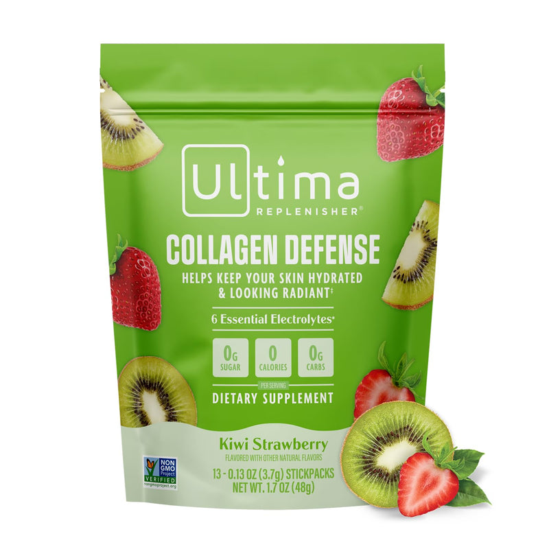 Ultima Replenisher Collagen Defense, Kiwi Strawberry, 13 Stickpacks | Daily Zero Sugar Supplement & Electrolyte Powder Hydration Packets with 6 Key Electrolytes, Dermaval & Biotin for Skin Health