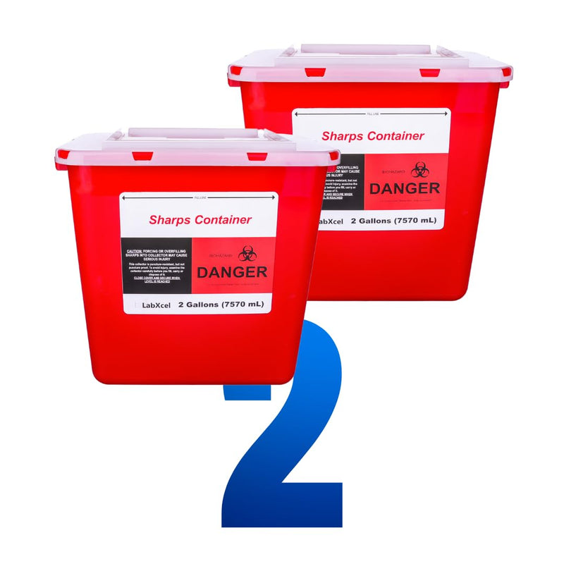 Polypropylene 2 Gallons Sharps Container with Cap ‚Äì Needle & Syringe Disposal for Home & Professional Use, Free Standing, Translucent Sliding Lid, PVC-Free Medical Waste Bin ‚Äì Red, 2 Count