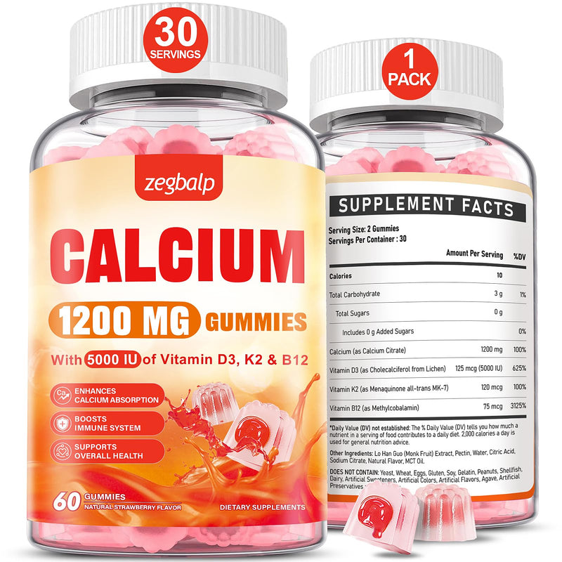 Calcium 1200 mg with Vitamin D3 Supplement for Adults - Calcium Gummies | Vitamin D3 5000IU, K2, B12 - Extra Absorption Calcium Citrate for Women Men - Natural Strawberry Flavor, 60 Gummies 60 Count (Pack of 1)
