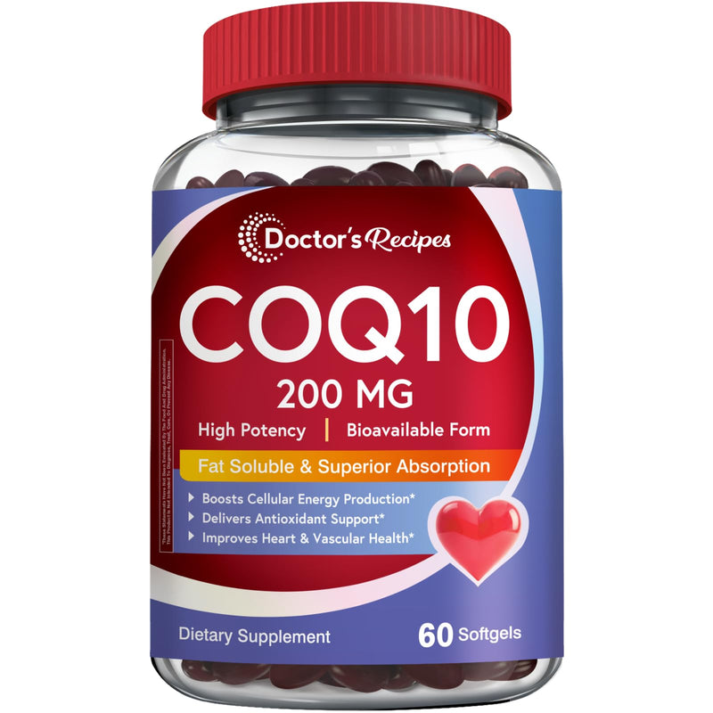 Doctor's Recipes CoQ10 200mg, 60 Softgels, Highly Absorbable Coenzyme Q10, Antioxidant Support & Cellular Energy Boost, Improves Heart, Vascular & Muscle Health, Non-GMO, 2 Month Supply