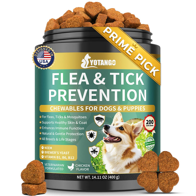 YOTANGO Flea and Tick Prevention for Dogs Chewable, 200 Soft Treats Natural Dog Flea and Tick Treatment Chewable, Oral Flea Supplement Chews, Skin & Coat Support for Dogs Puppies - All Breeds & Ages