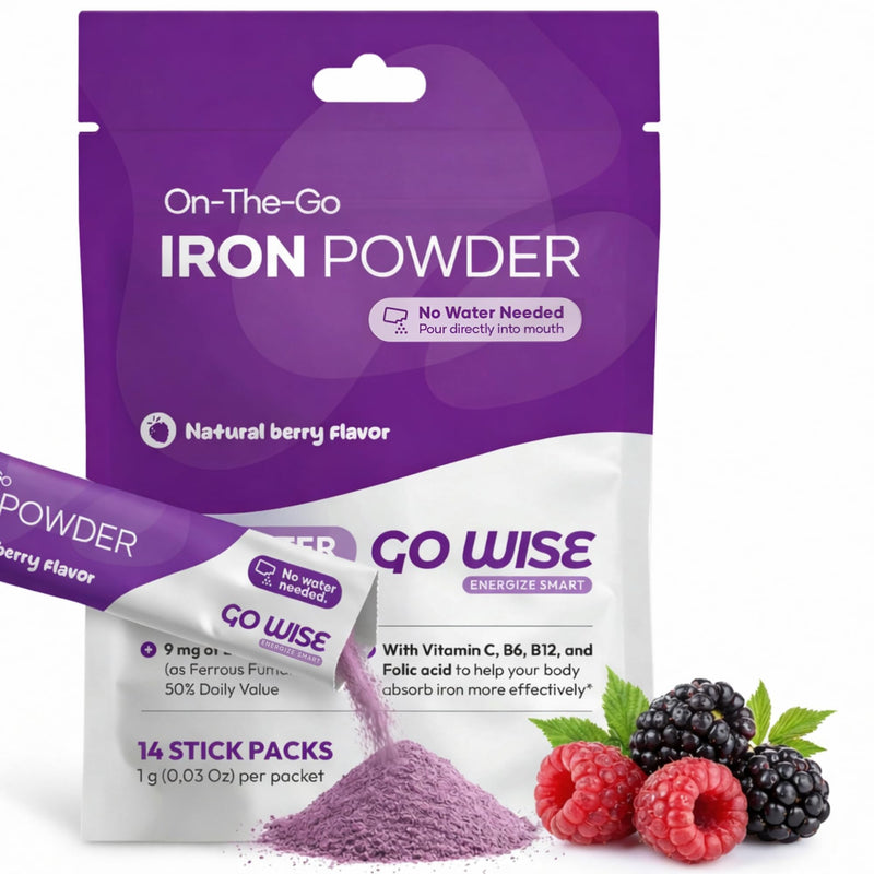 Go Wise Gentle Iron Powder Supplement, 14 Packets | No Water, Vitamin C, B6, B12 & Folic Acid, Supports Low Ferritin, No Metallic Taste, Vegan, Women, Men & Bariatric. 14 Sticks