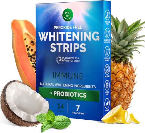 Teeth Whitening Strips by Pop On, 14 Strips, 7-Day Treatment, Non-Slip, Sensitive Teeth Whitening Strips, Made with Natural Ingredients, Mint Flavor, with Essential Probiotics, Hydrogen Peroxide Free